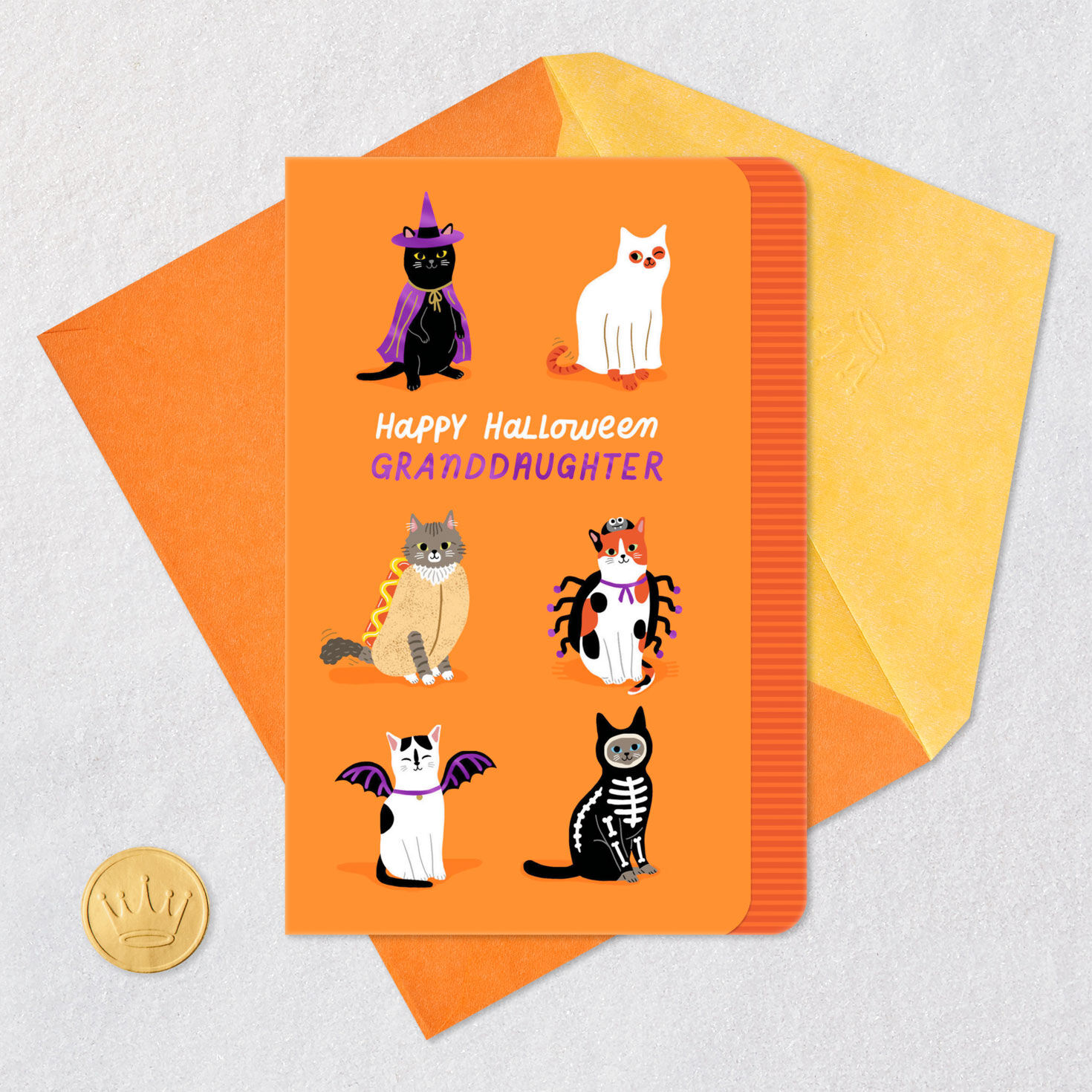 Cats in Costumes Halloween Card for Granddaughter Card Front with Envelope and Gold Seal image number 5