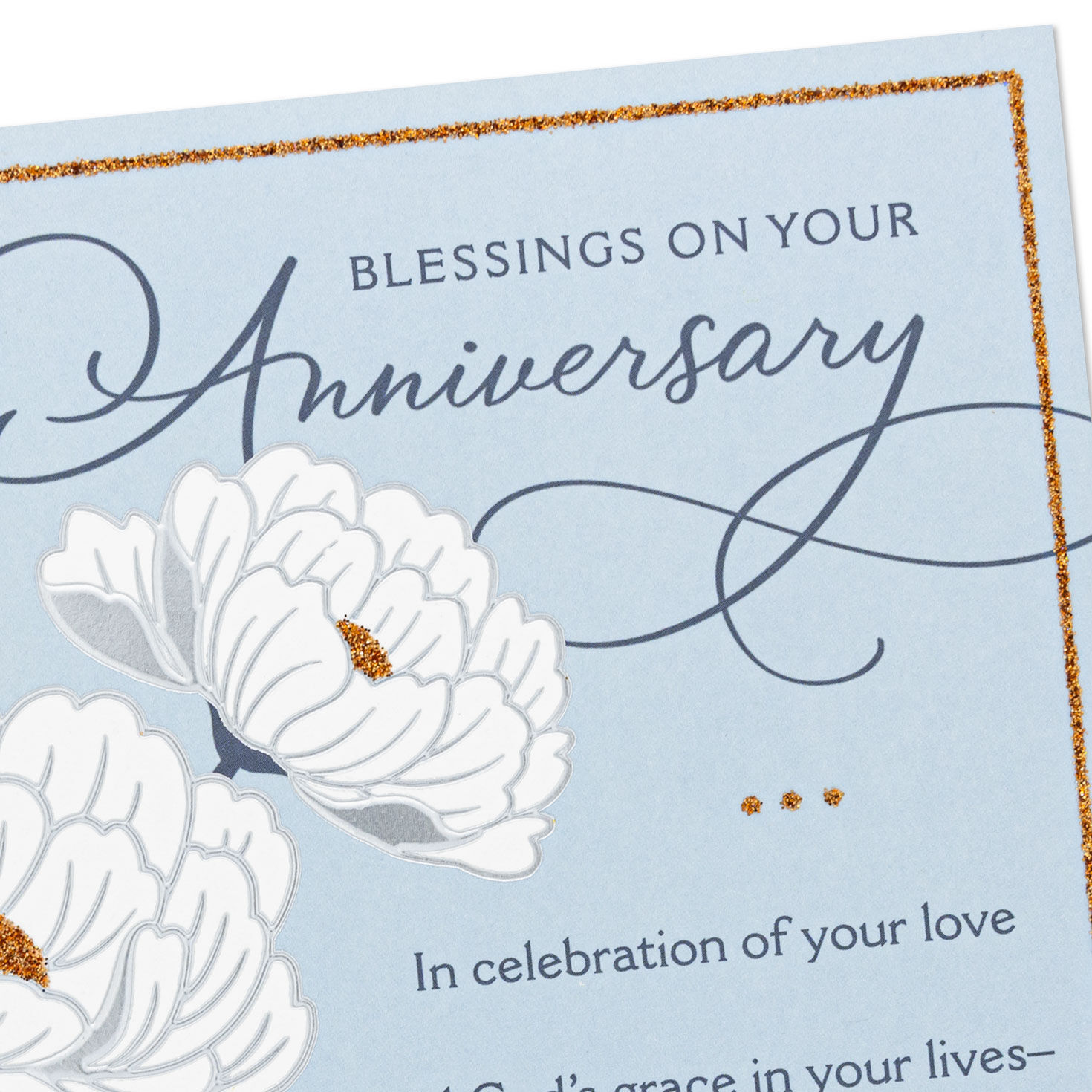 White and Gold Flowers on Dusty Blue Anniversary Card Pop-up Card Detail image number 5