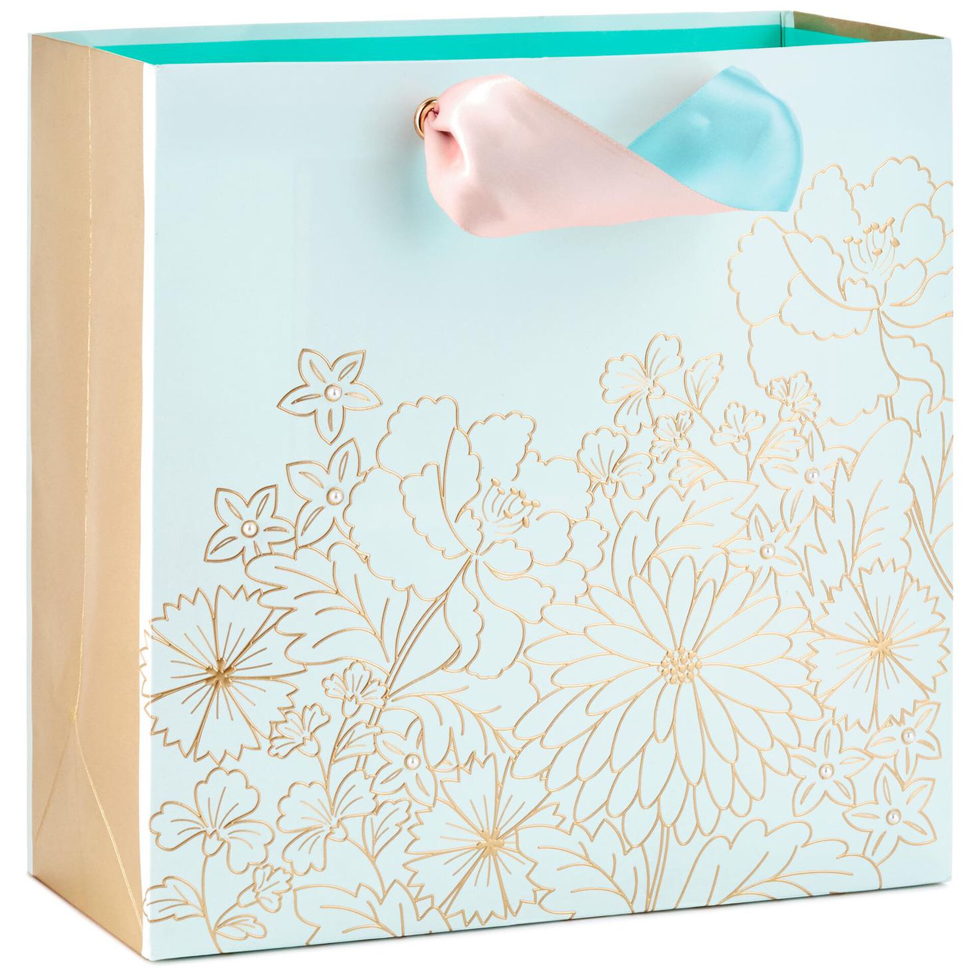 Gold Floral on Aqua Large Square Gift Bag, 10.25" Gift Bags Hallmark