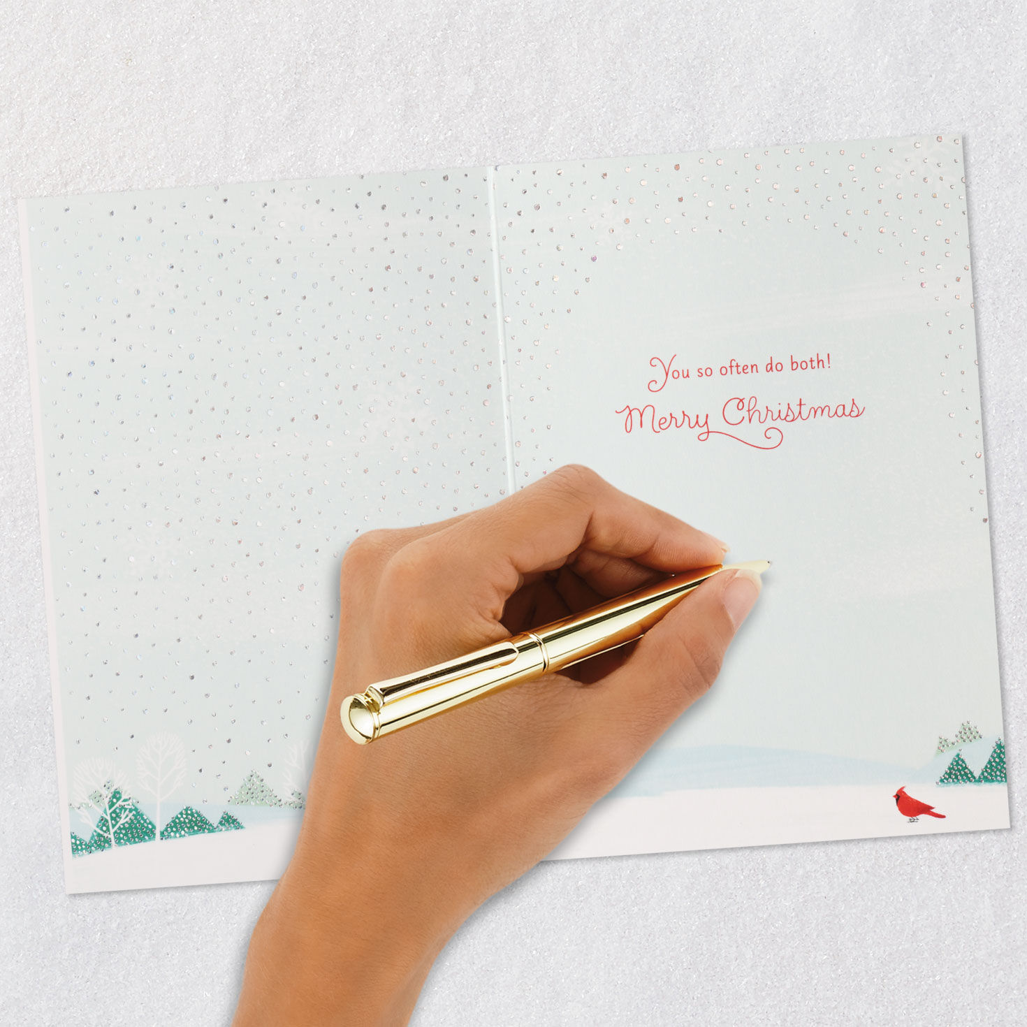 Snowman and Cardinals Aqua Holiday Card signing card image number 6