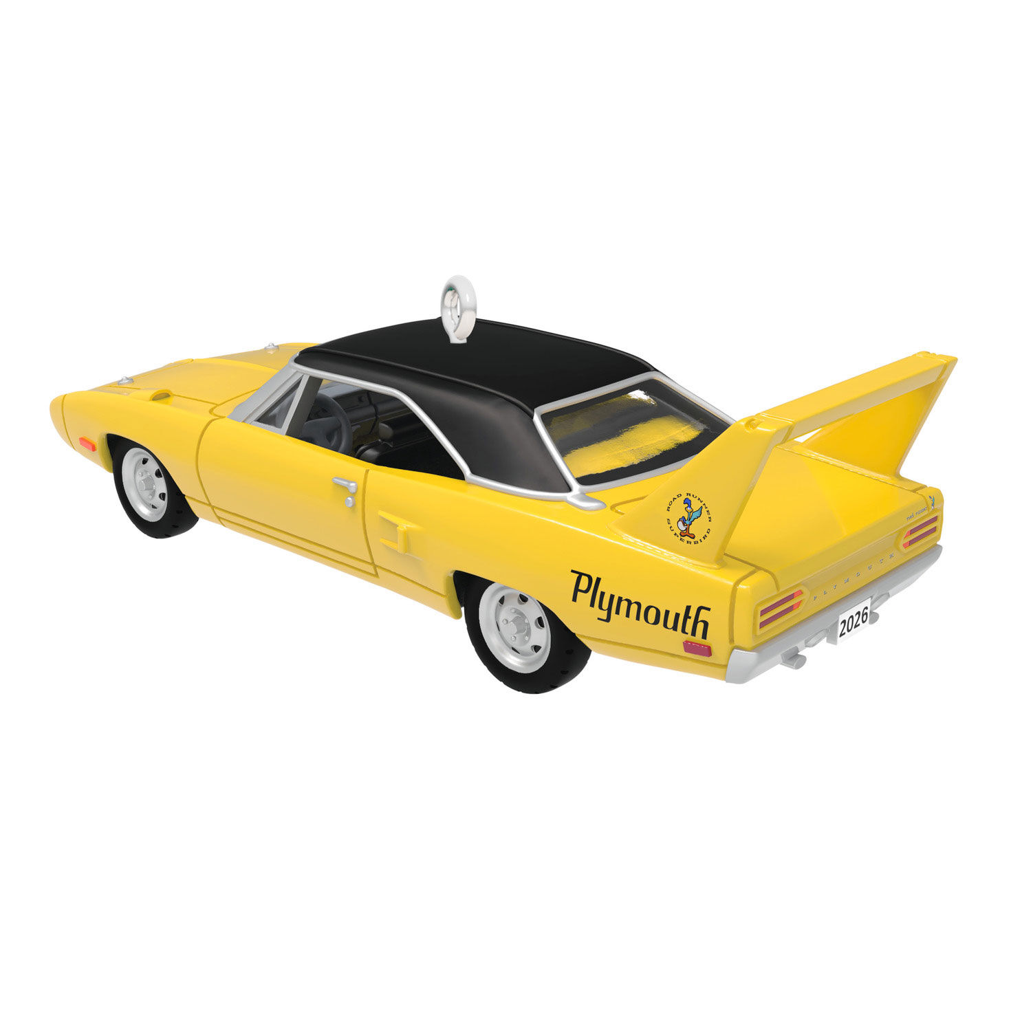 Yellow Vintage Plymouth Sports Car Keepsake Ornament Back image number 6