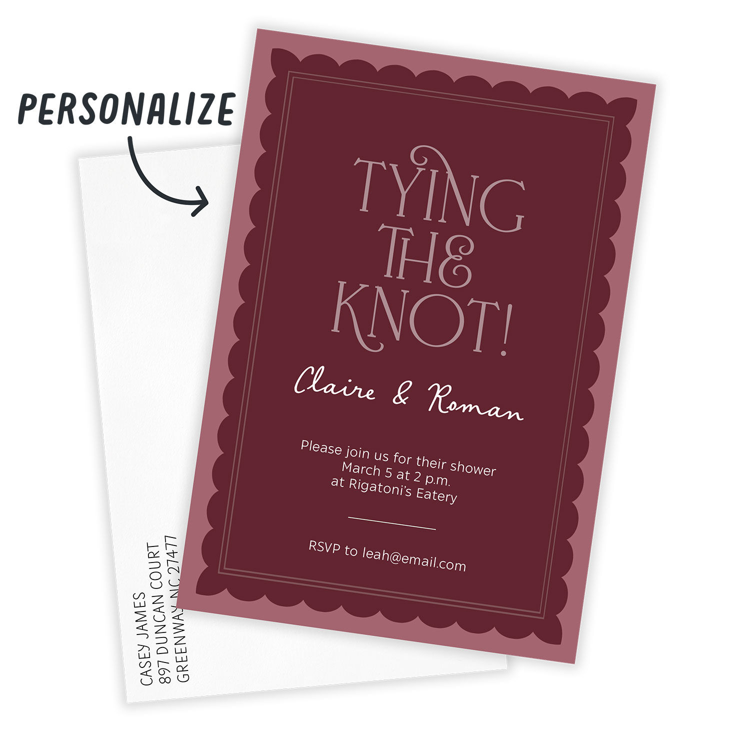 Scalloped Border Personalized Shower Invitation Card front with Envelope indicating personalization image number 2