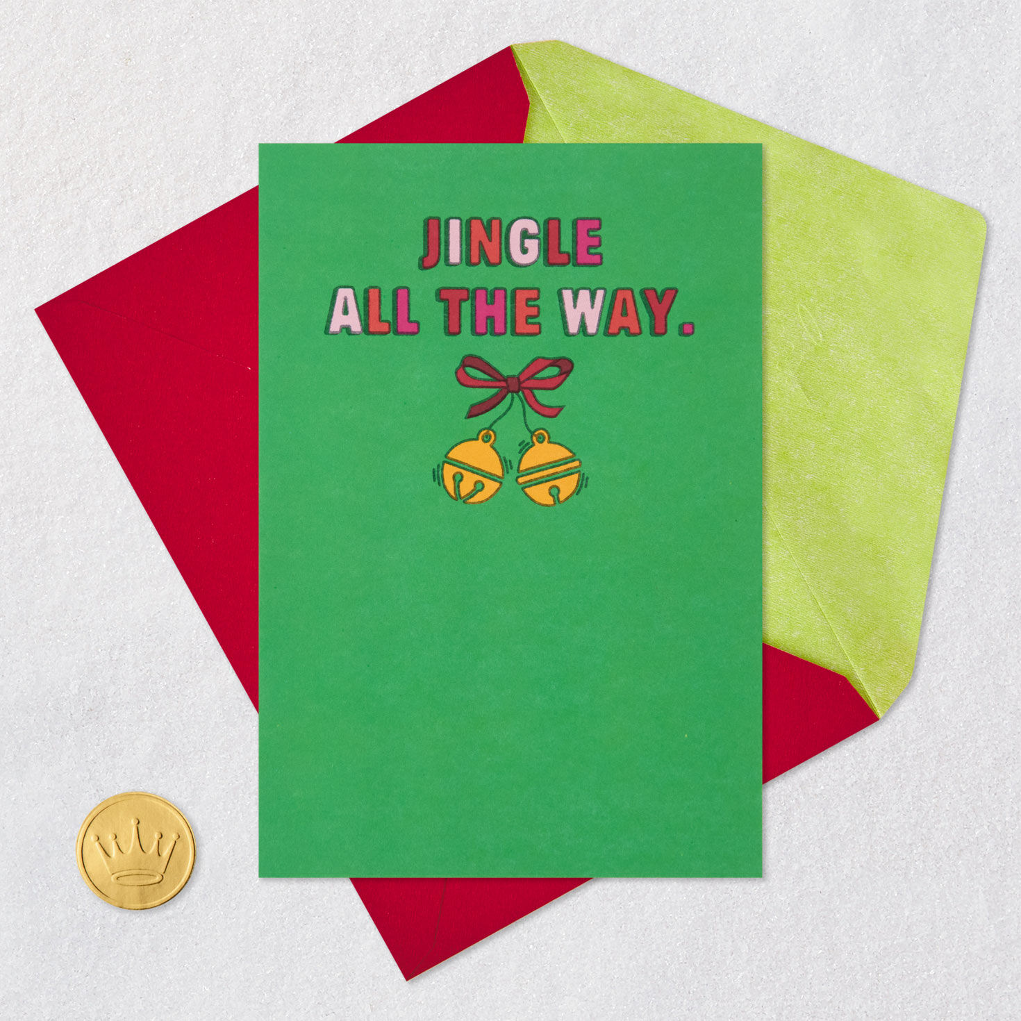 Red and Pink Lettering with Bells on Green Christmas Card Card Front with Envelope and Gold Seal image number 6