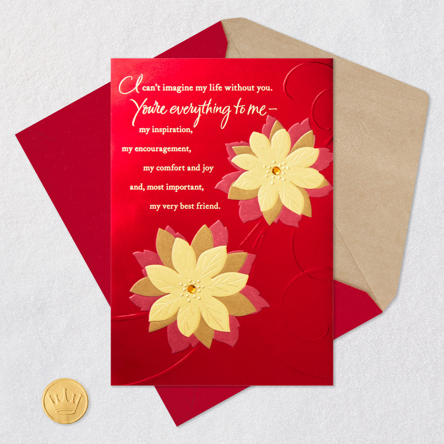 Gold and Red Poinsettias Romantic Christmas Card Card Front with Envelope and Gold Seal image number 7