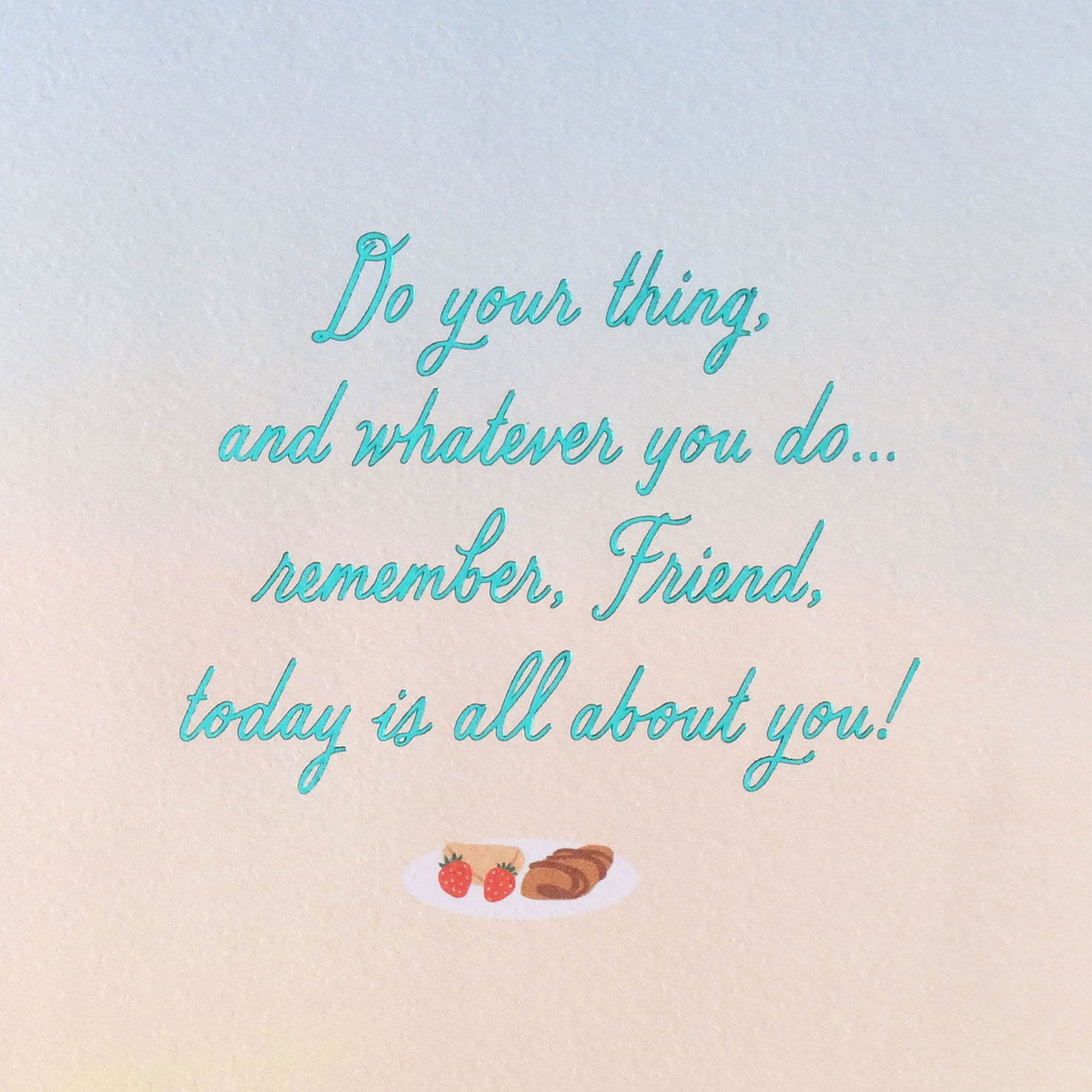 Hallmark birthday greeting card for friend features a calming tableau of a tub full of bubbles in a room with tropical plants, a table with champagne and a white cat resting on the floor. Sentiment image number 3