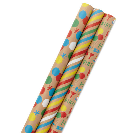 Primary Birthday 3-Pack Kraft Wrapping Paper, 105 sq. ft. total, 