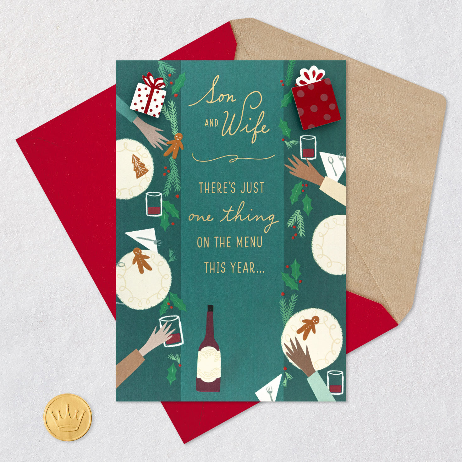 Holiday Table Christmas Card for Son and Wife Card Front with Envelope and Gold Seal image number 5