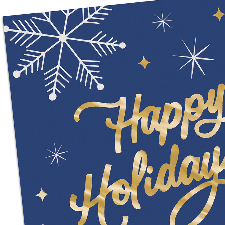 Modern Gold Lettering and Snowflakes on Blue Christmas Card Card Front Detail image number 4