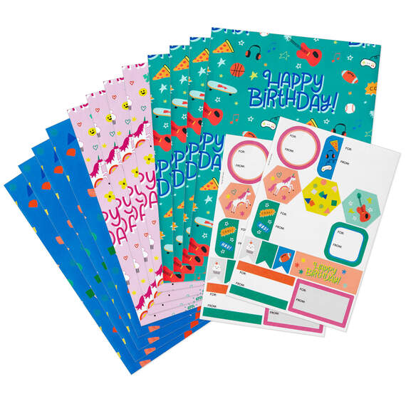 Cute and Colorful Birthday Flat Wrapping Paper Assortment With Gift Tags, 12 sheets, , large image number 1