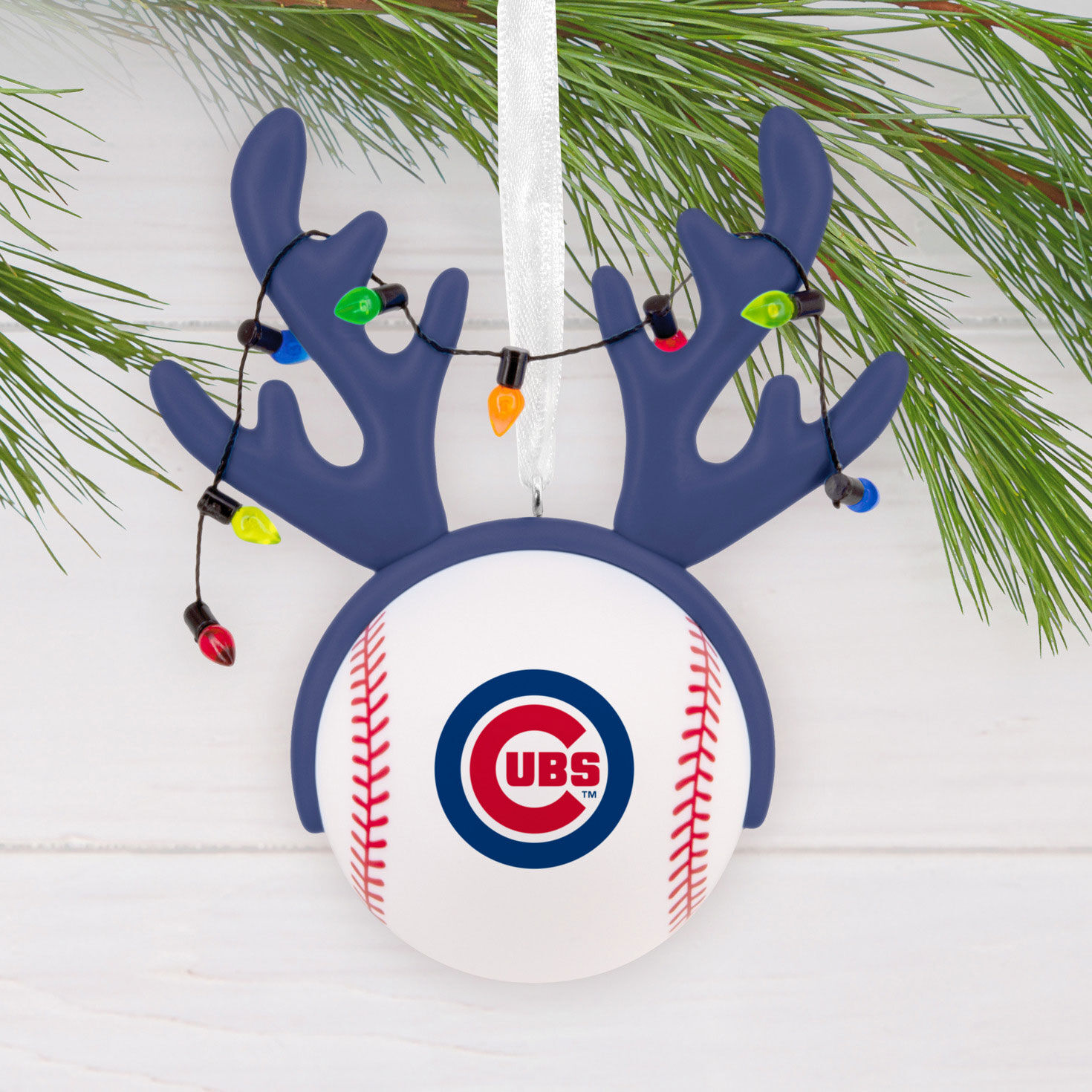 Cubs Reindeer Baseball Christmas Ornament hanging on tree image number 2