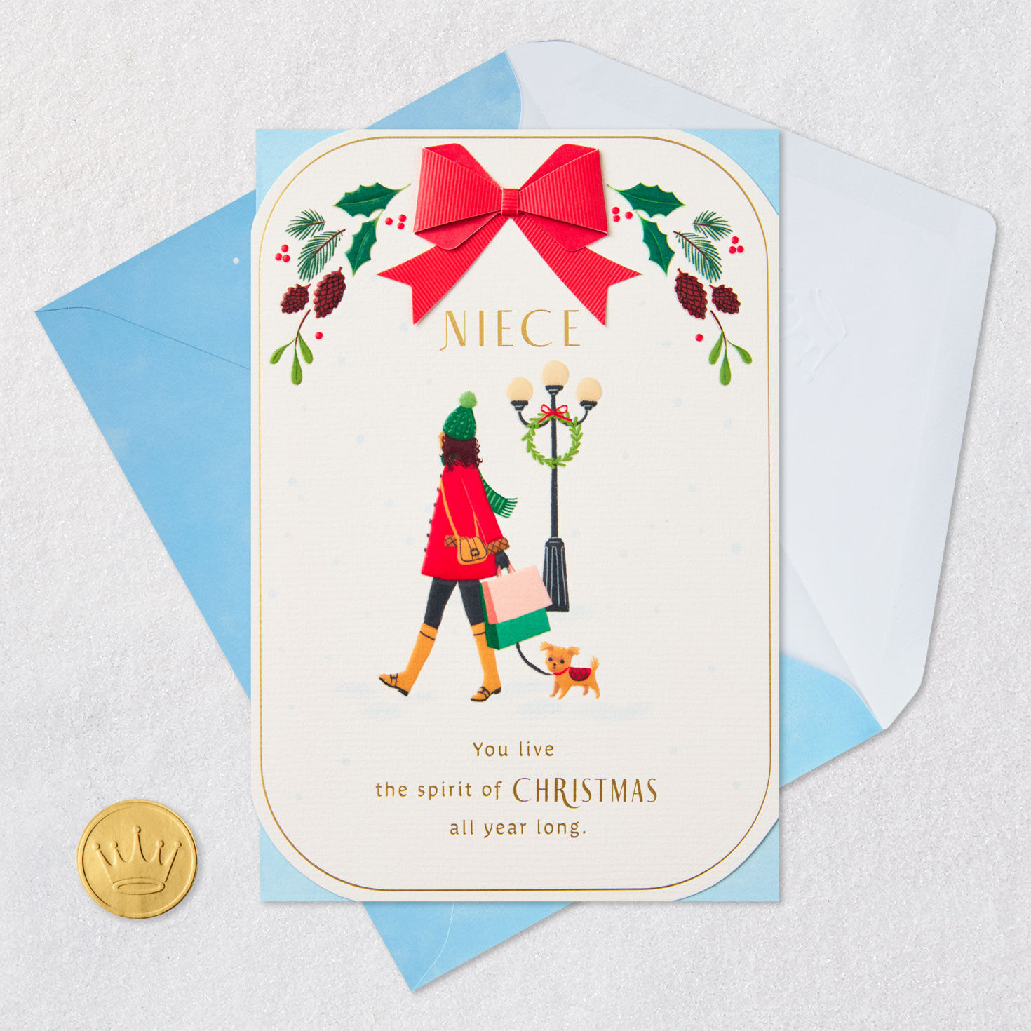 Young Woman Walking Dog Niece Christmas Card Card Front with Envelope and Gold Seal image number 7