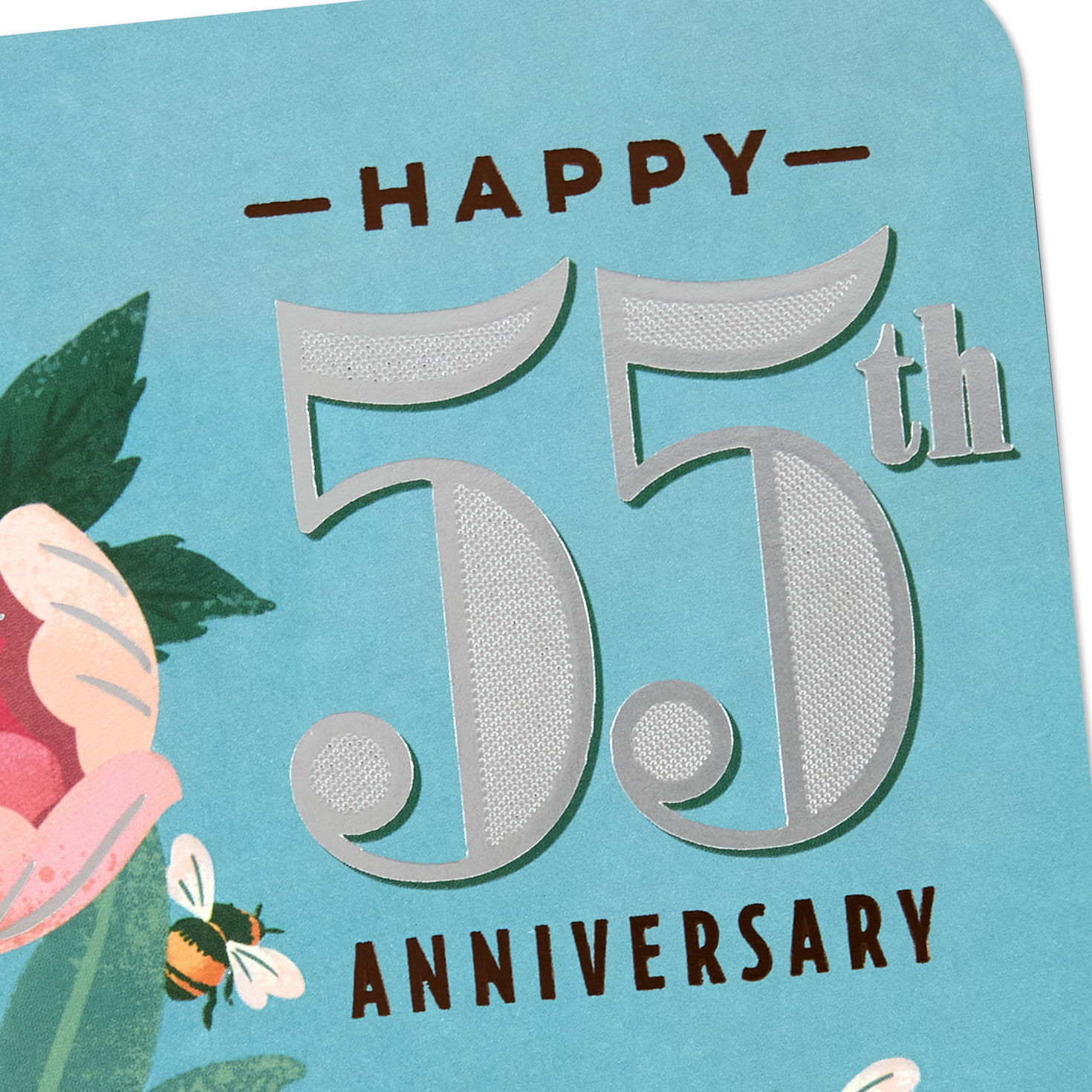 Bees with Pink and Peach Flowers on Light Blue 55th Anniversary Card Card Front Detail image number 5