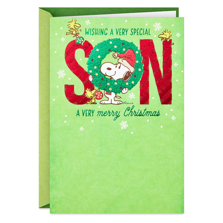 Peanuts® Snoopy and Woodstock in Wreath Christmas Card for Son