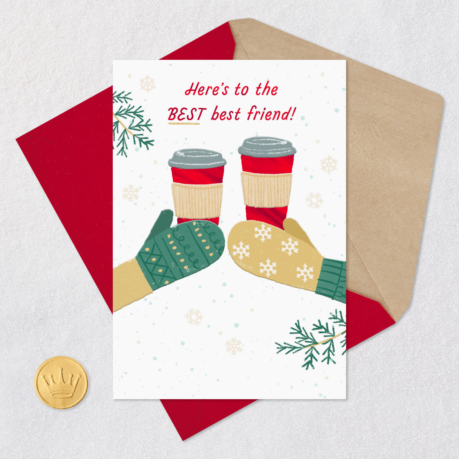 Mittens Holding Cocoa Christmas Card for Friend Card Front with Envelope and Gold Seal image number 5