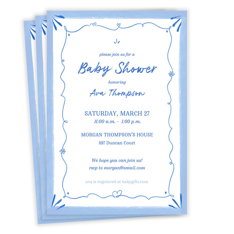 Elegant Blue Doodle Flat Baby Shower Invitation