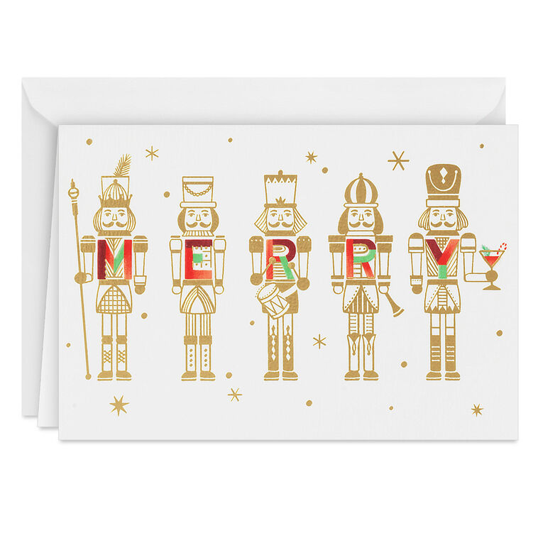 Gold Nutcrackers Red and Green Christmas Card Card Front image number 1