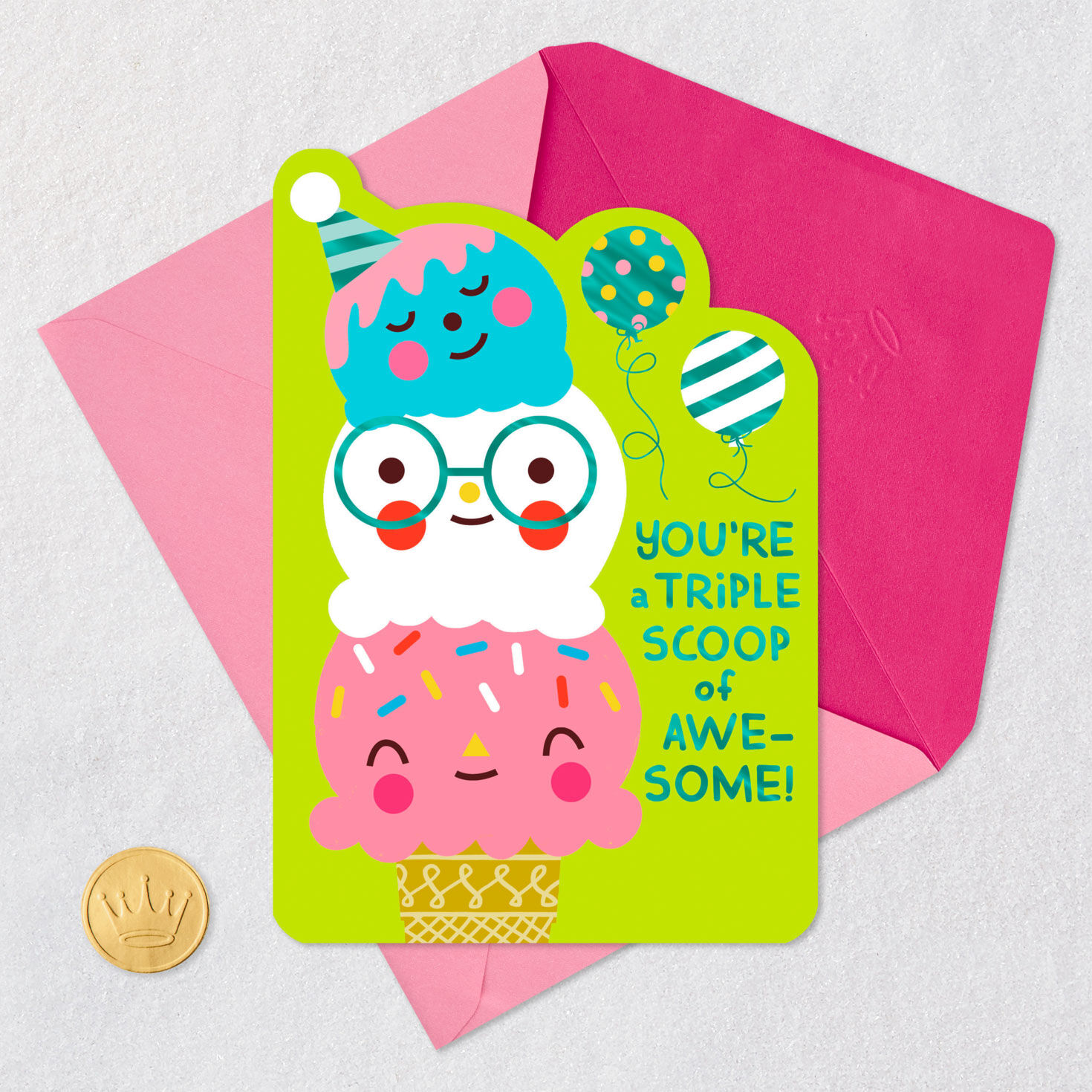 Triple Scoop Ice-Cream Cone Kids Birthday Card Card Front with Envelope and Gold Seal image number 5