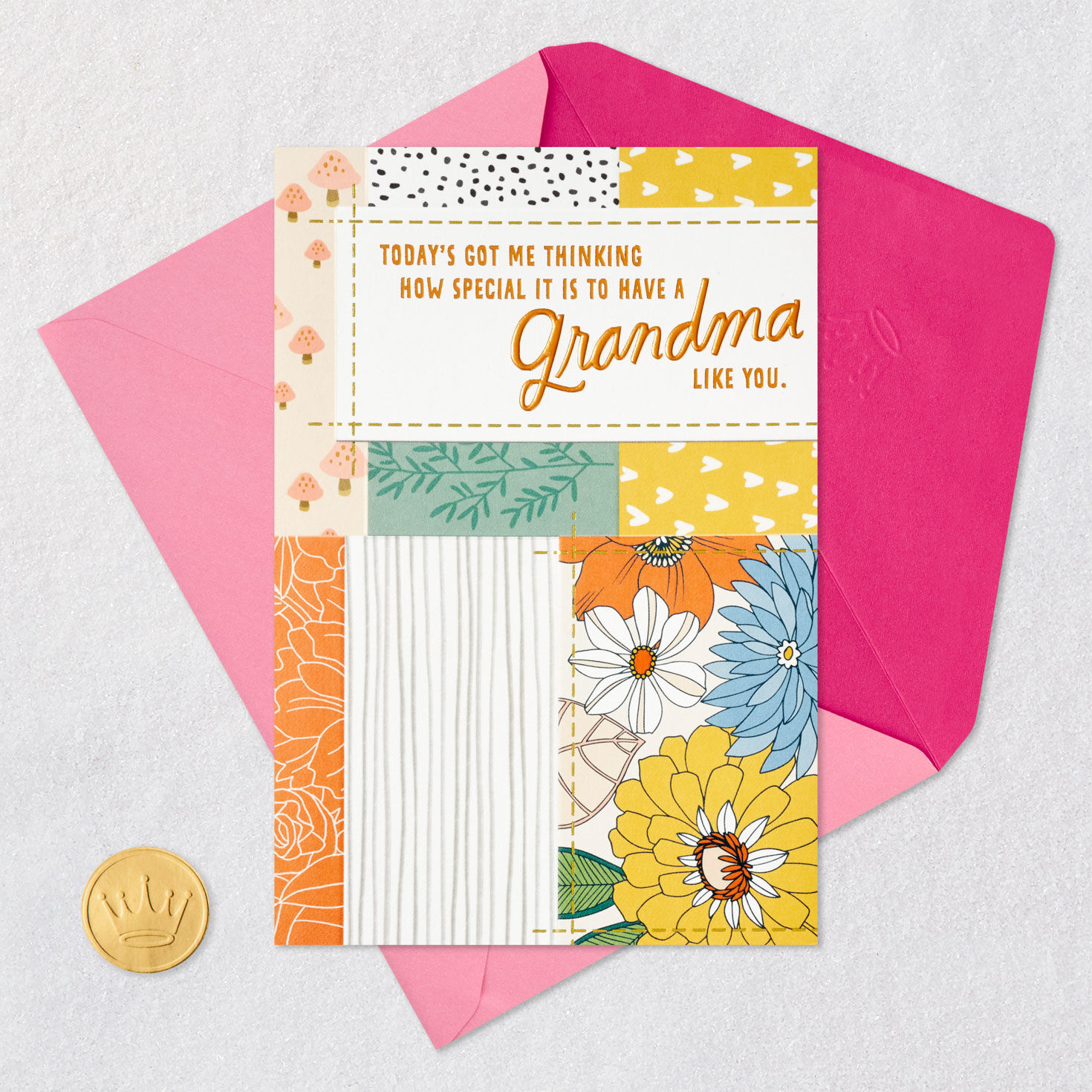 Yellow and Orange Quilt Mother's Day Card for Grandma Card Front with Envelope and Gold Seal image number 6