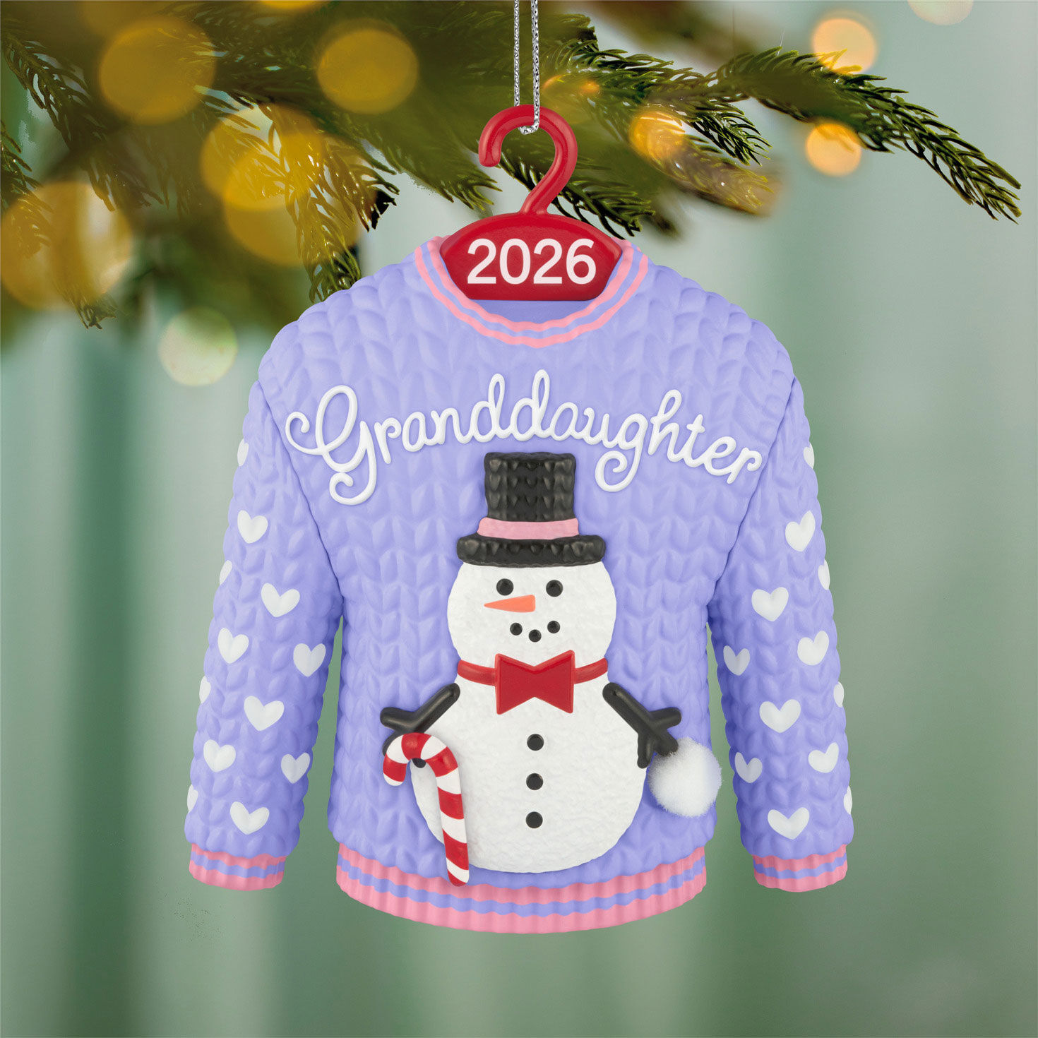 Granddaughter Snowman Purple Sweater Ornament hanging on tree image number 2