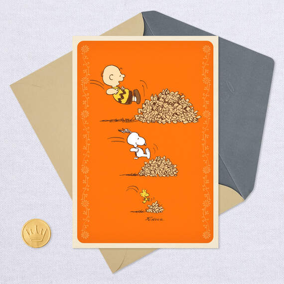 Peanuts® Charlie Brown Jumping in Leaves Thanksgiving Card, , large image number 5