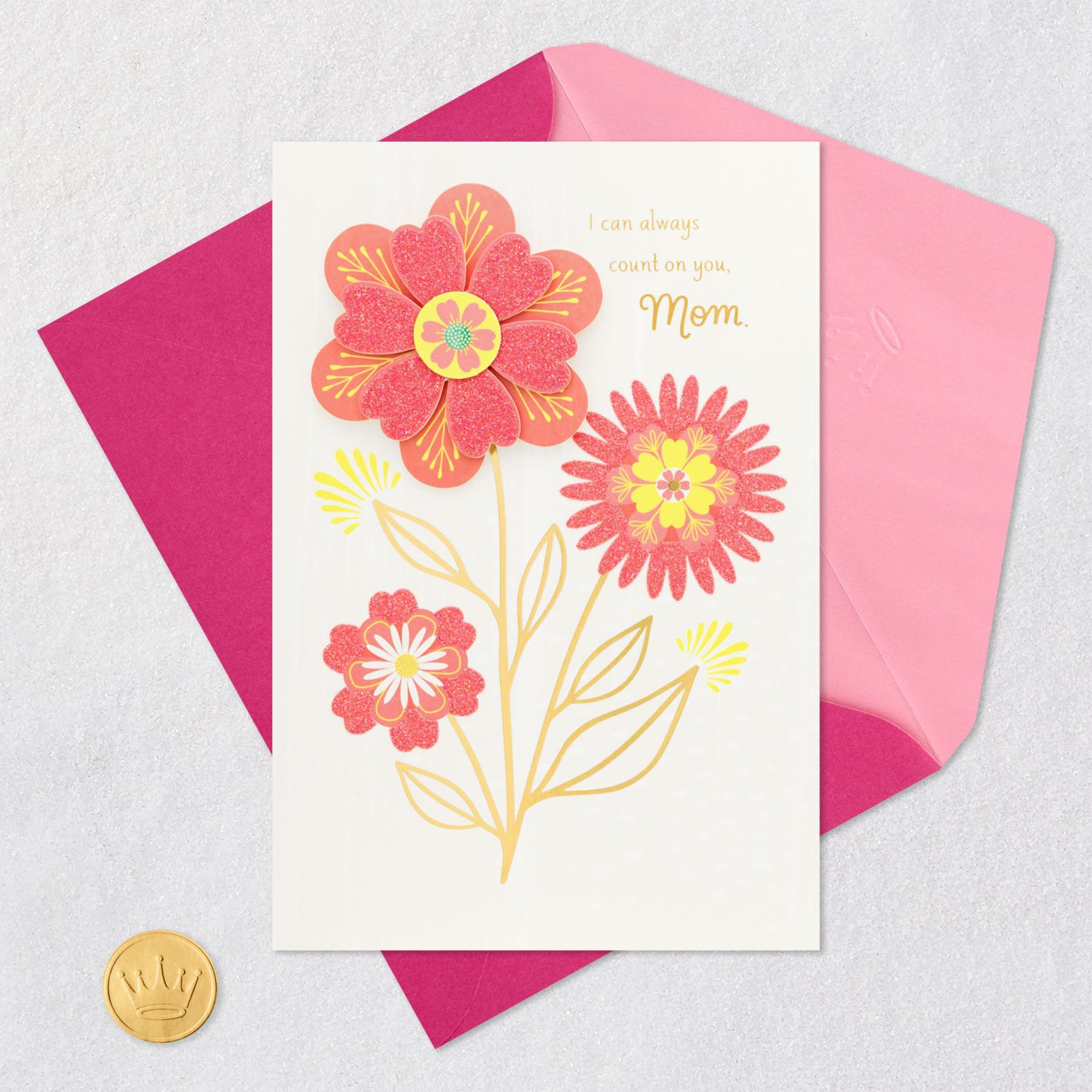 Sparkly Pink Flowers Mom Mother's Day Card Card Front with Envelope and Gold Seal image number 6
