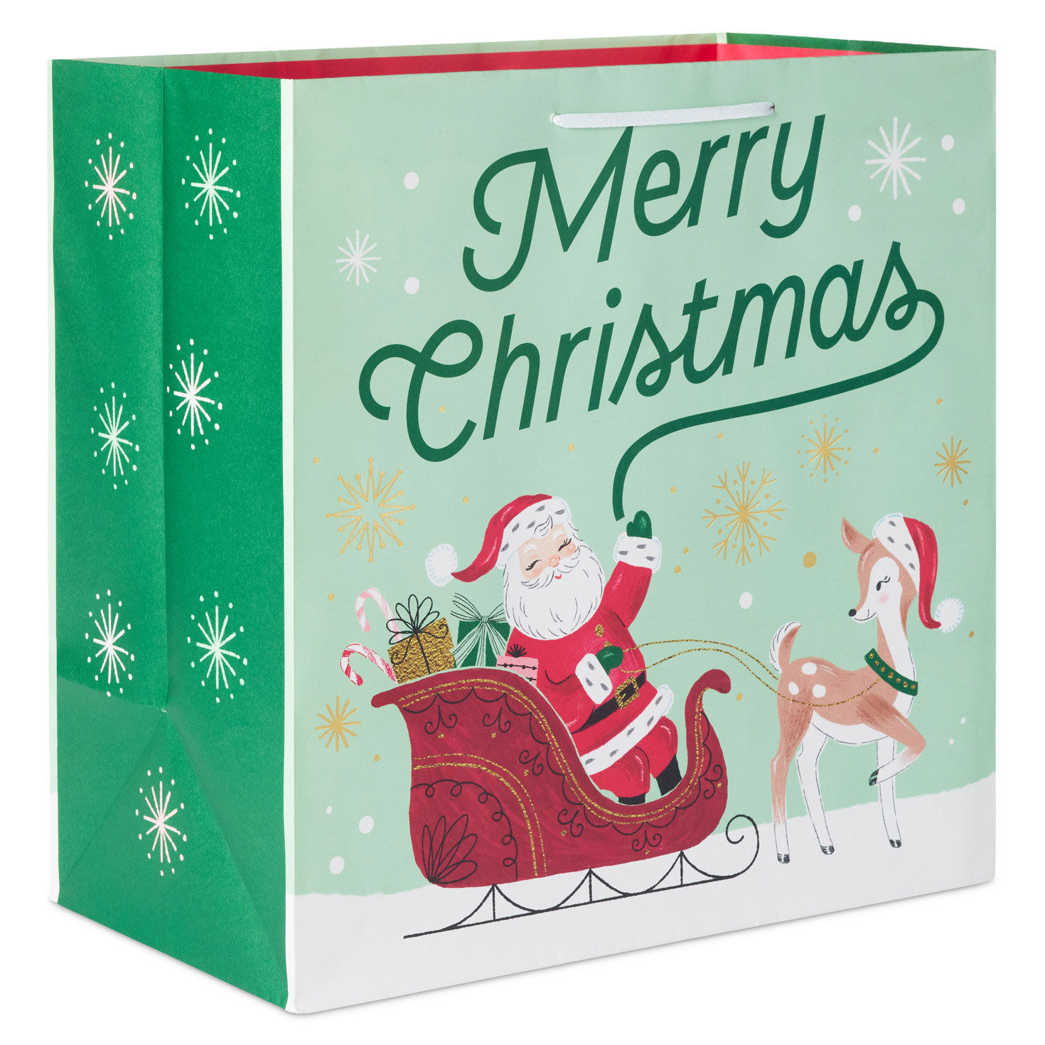 15" Retro Santa and Reindeer Extra-Deep Christmas Gift Bag