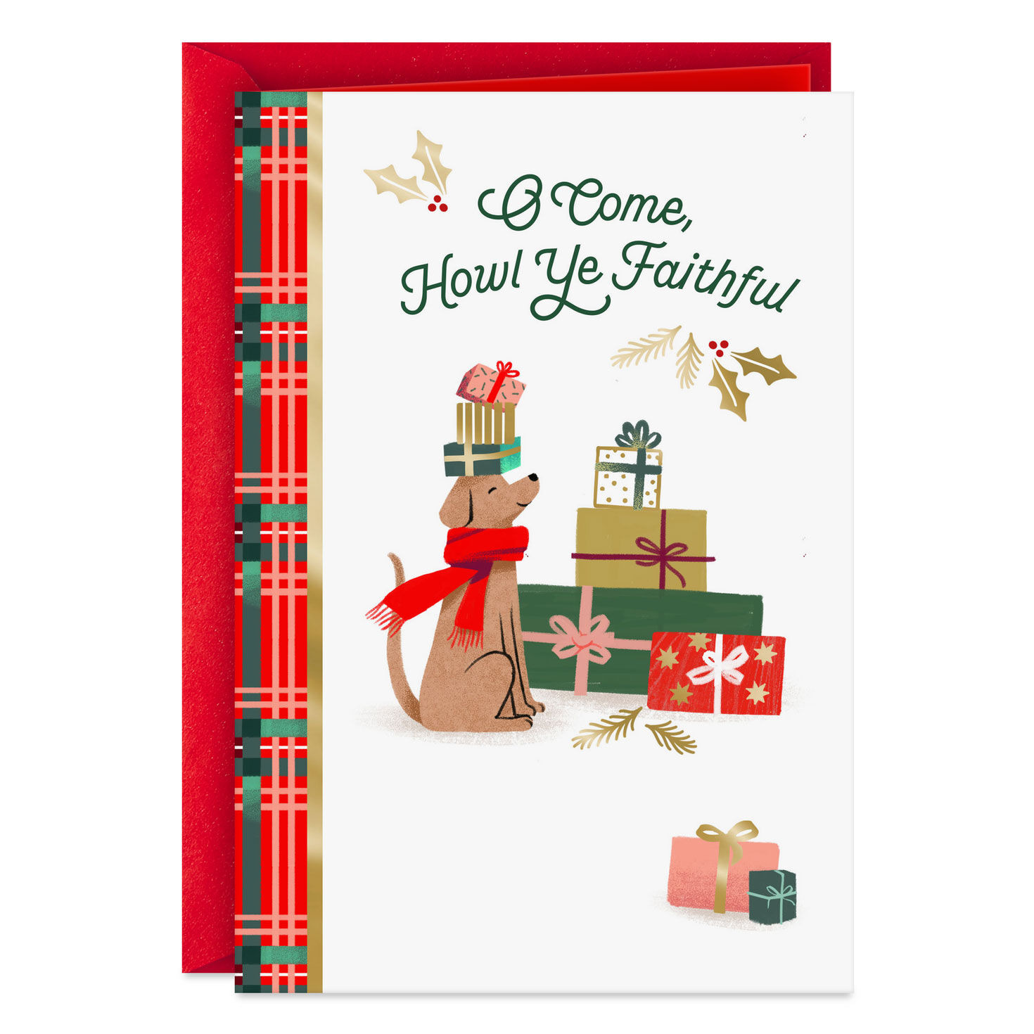 Howl Ye Faithful, Puppy and Presents Religious Christmas Card