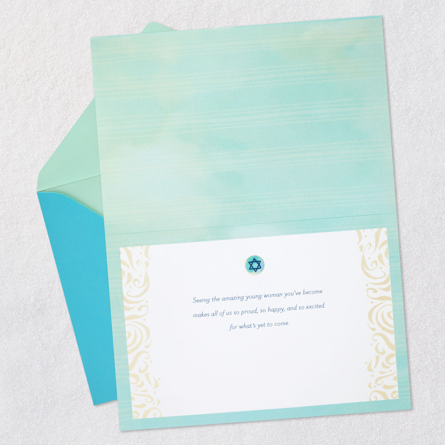 Ornate Blue Lettering Bat Mitzvah Card for Her Open card with envelope image number 3