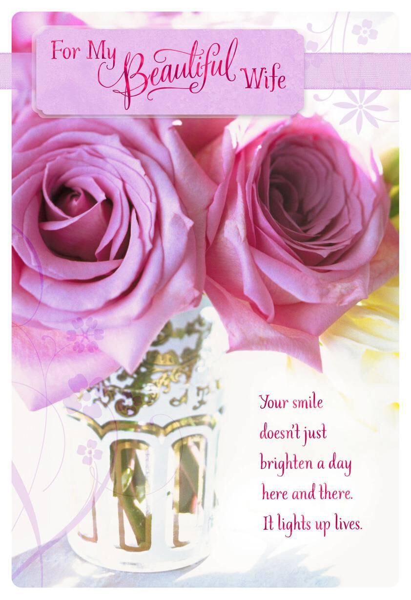 Pink Roses in Glass Birthday Card for Wife