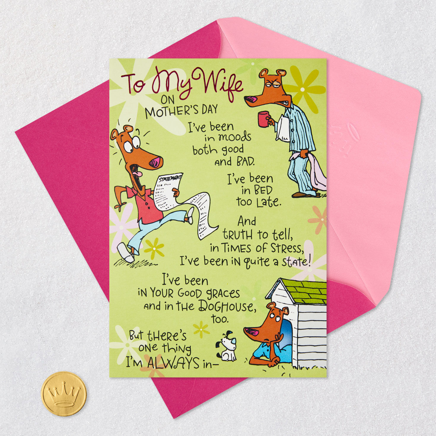 Cute Animal Couple Pop-Up Mother's Day Card for Wife Card Front with Envelope and Gold Seal image number 5