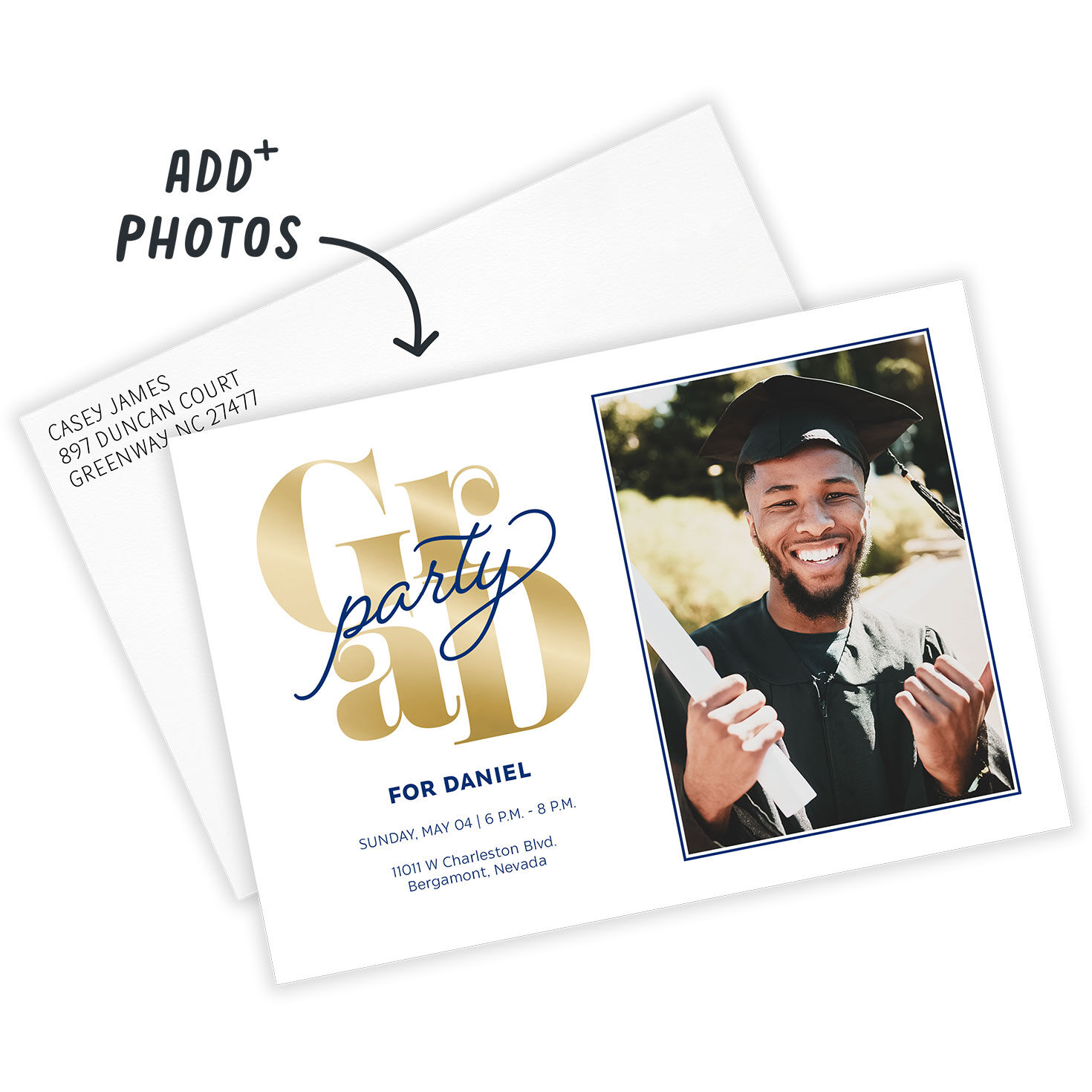 Gold and Blue Personalized Grad Party Invitation Card Front indicating personalization image number 2
