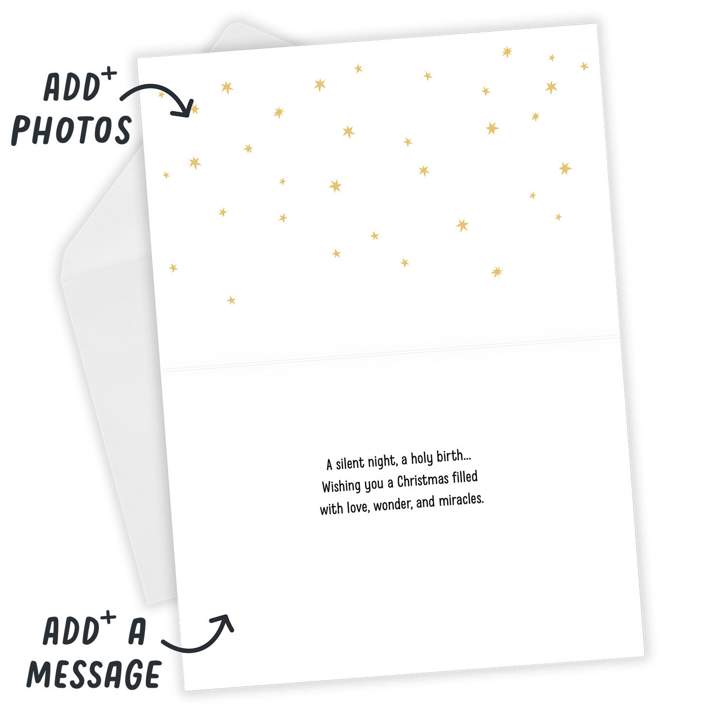 Nativity City Scene Personalized Christmas Card Open Card with Envelope indicating personalization image number 3