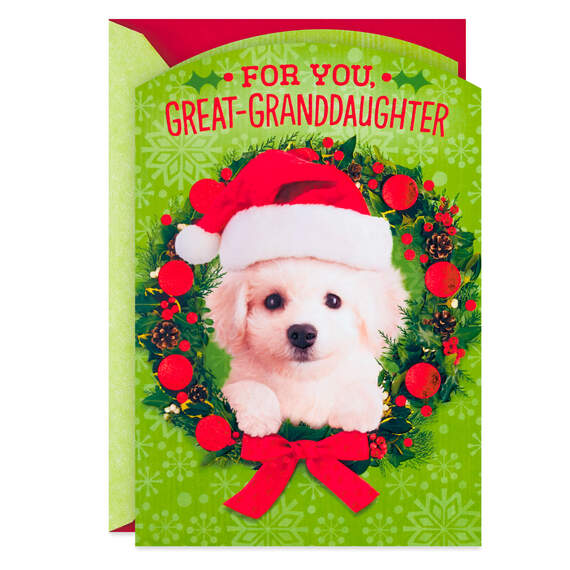 Puppy in Santa Hat Christmas Card for Great-Granddaughter