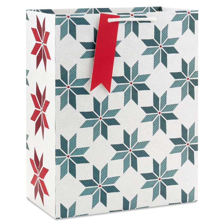 13" Quilted Green Stars on White Large Holiday Gift Bag