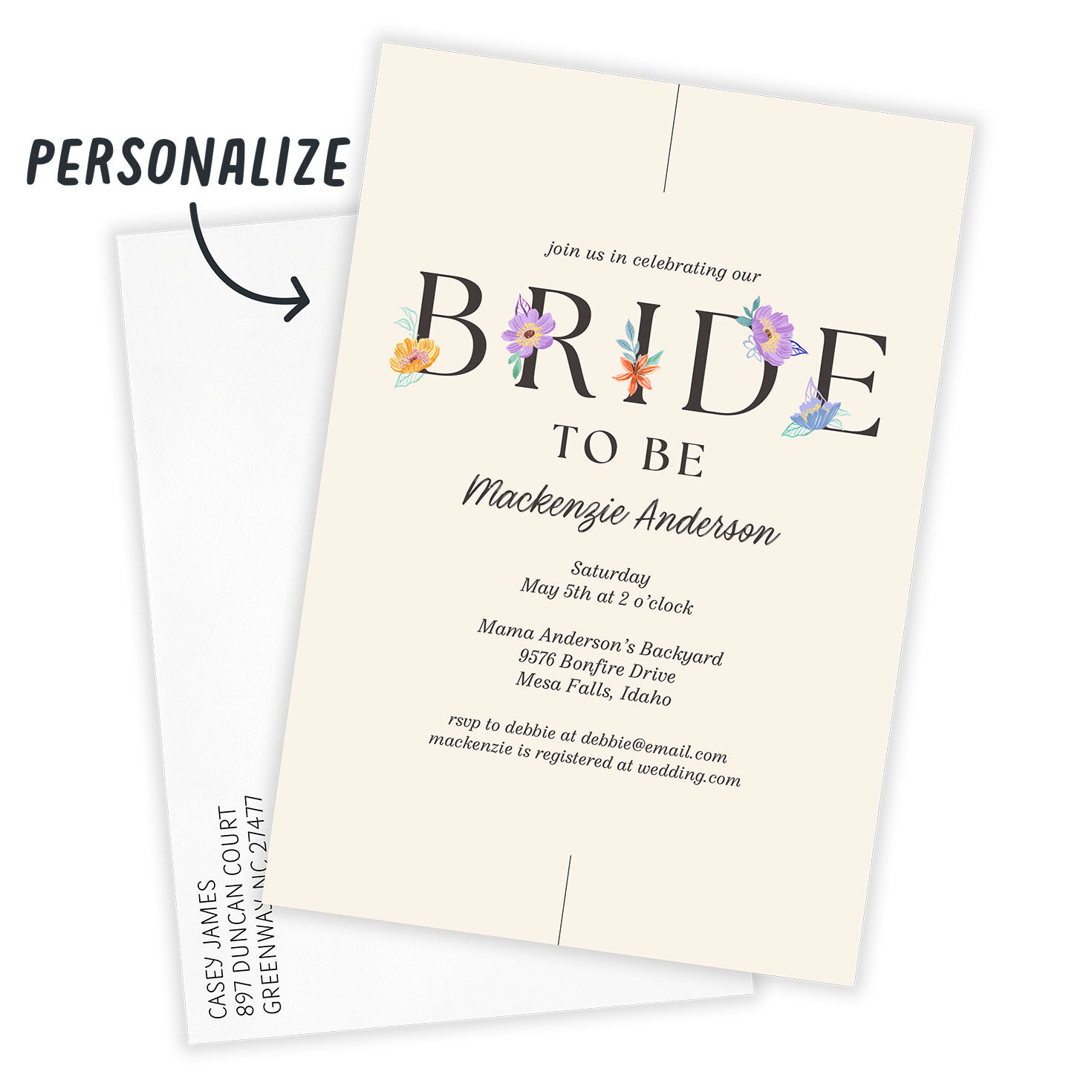 Flowered Letters Personalized Shower Invitation Card Front indicating personalization image number 2