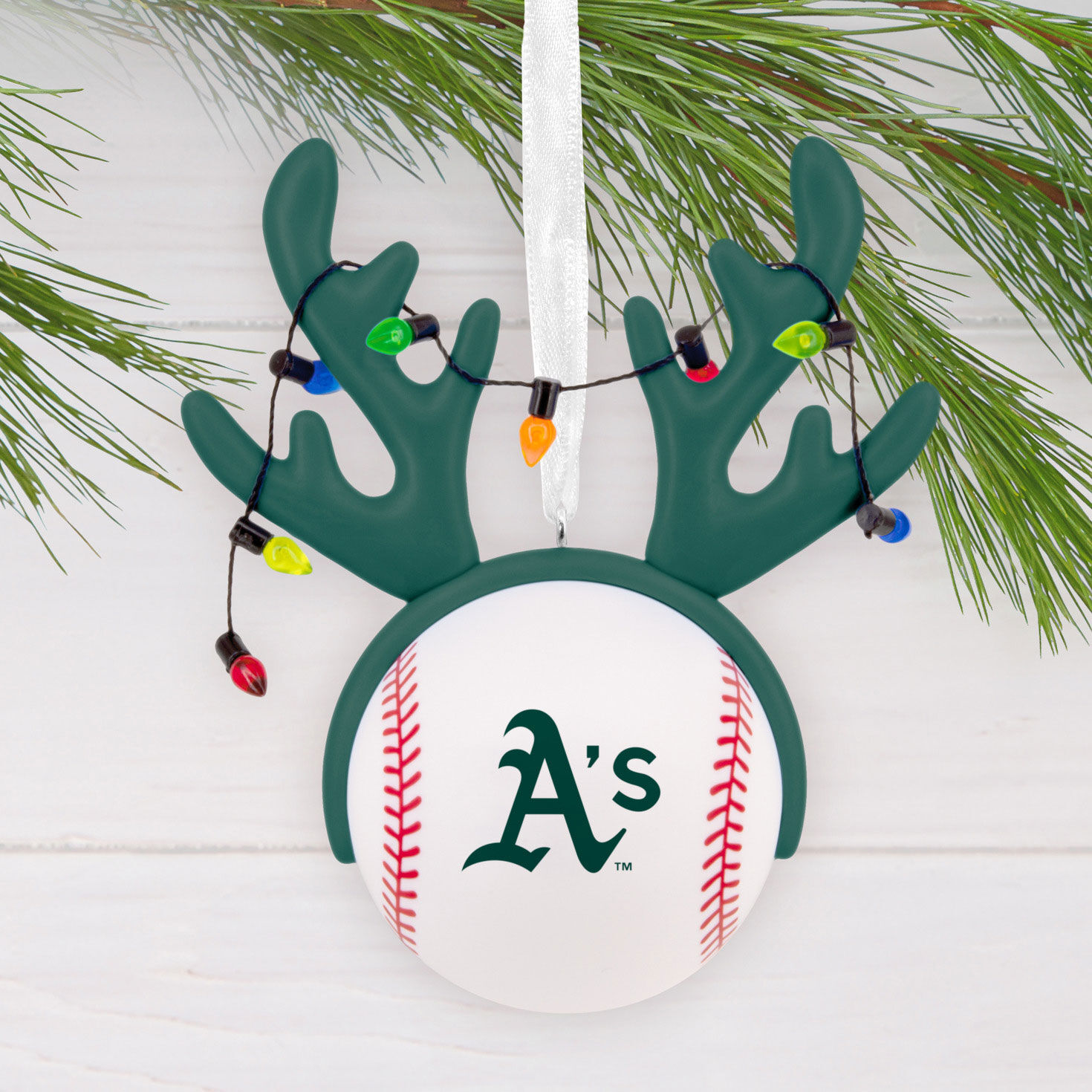 Athletics Reindeer Baseball Christmas Ornament hanging on tree image number 2
