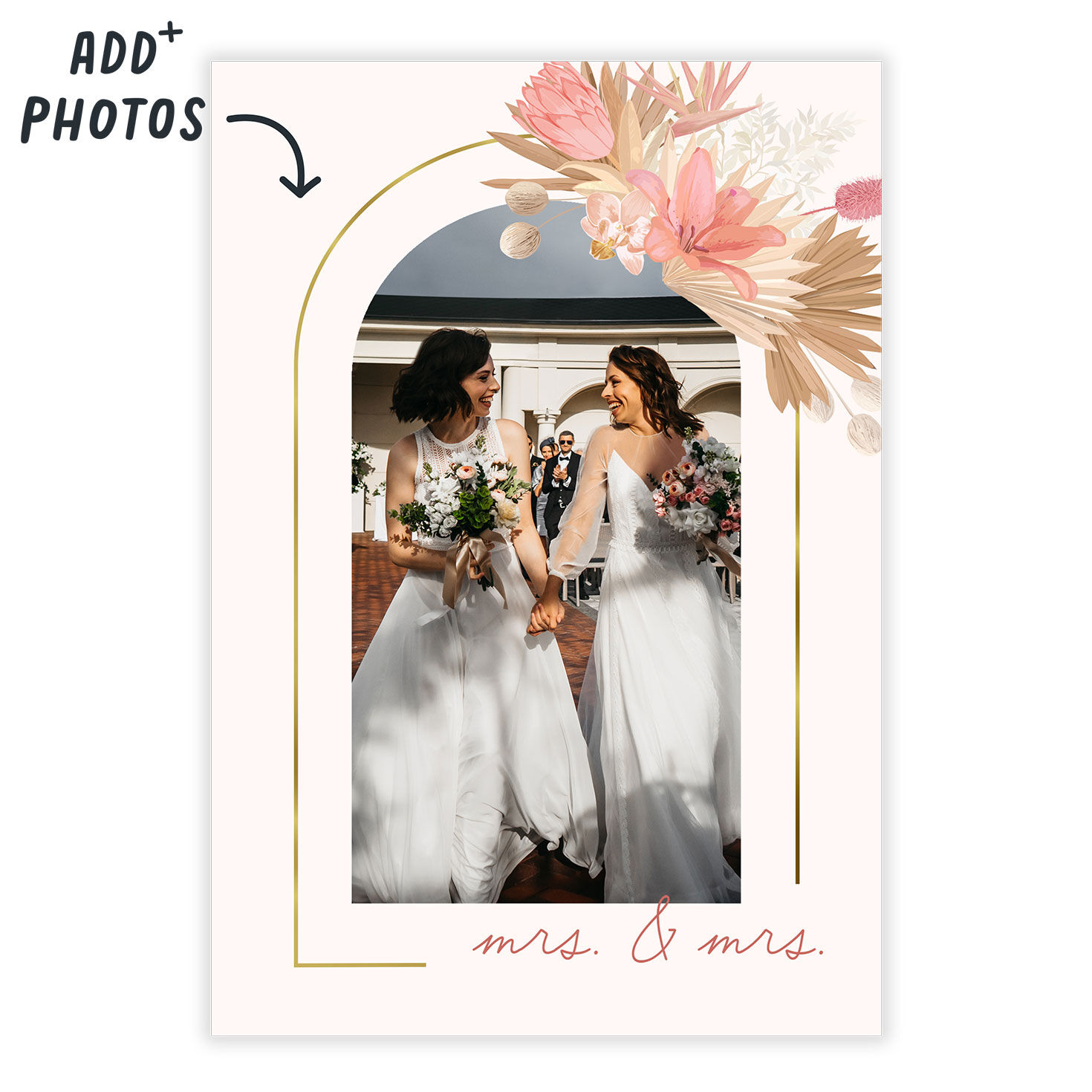 Gold Arch & Pink Flowers Folded Wedding Photo Card  image number 2