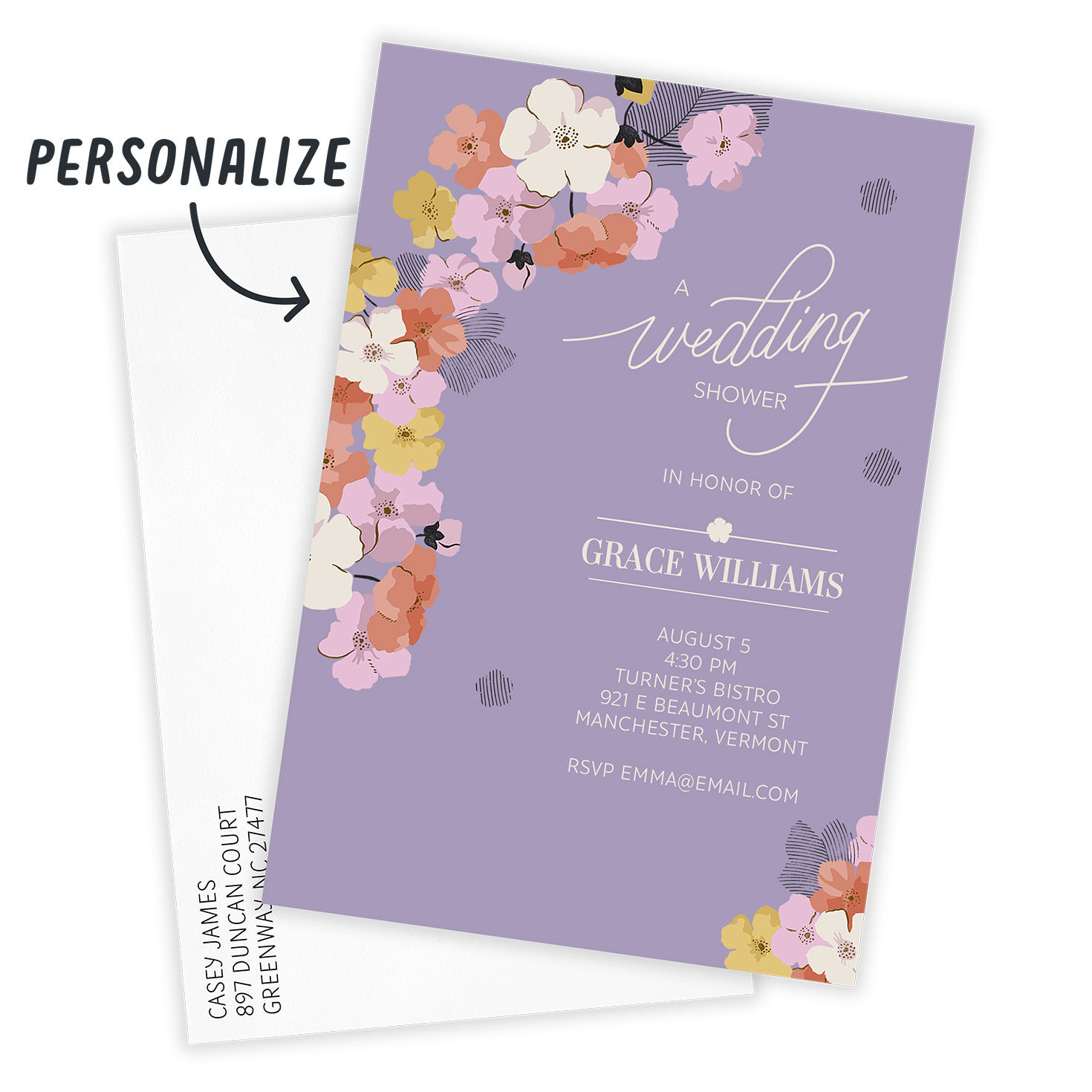 Purple With Flowers Personalized Shower Invitation Card front with Envelope indicating personalization image number 2