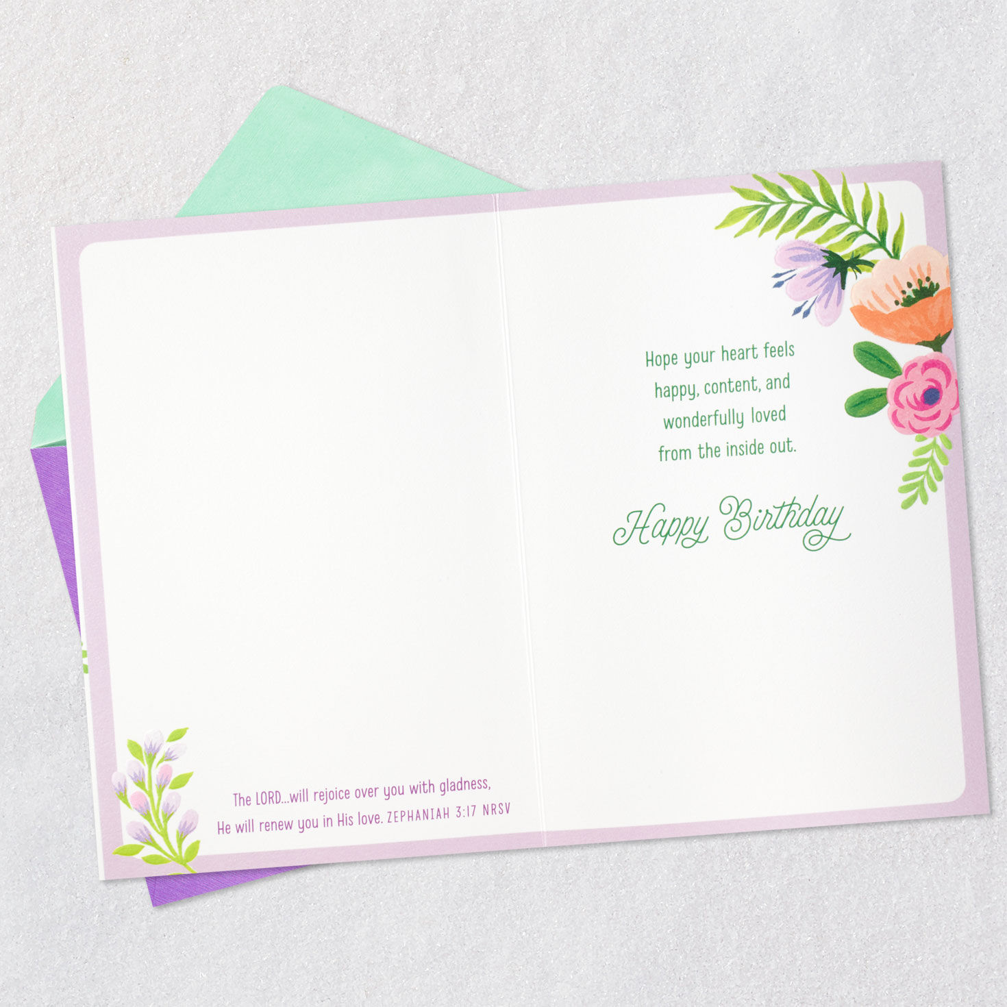 Floral Swag on Green Christian Birthday Card Open card with envelope image number 4