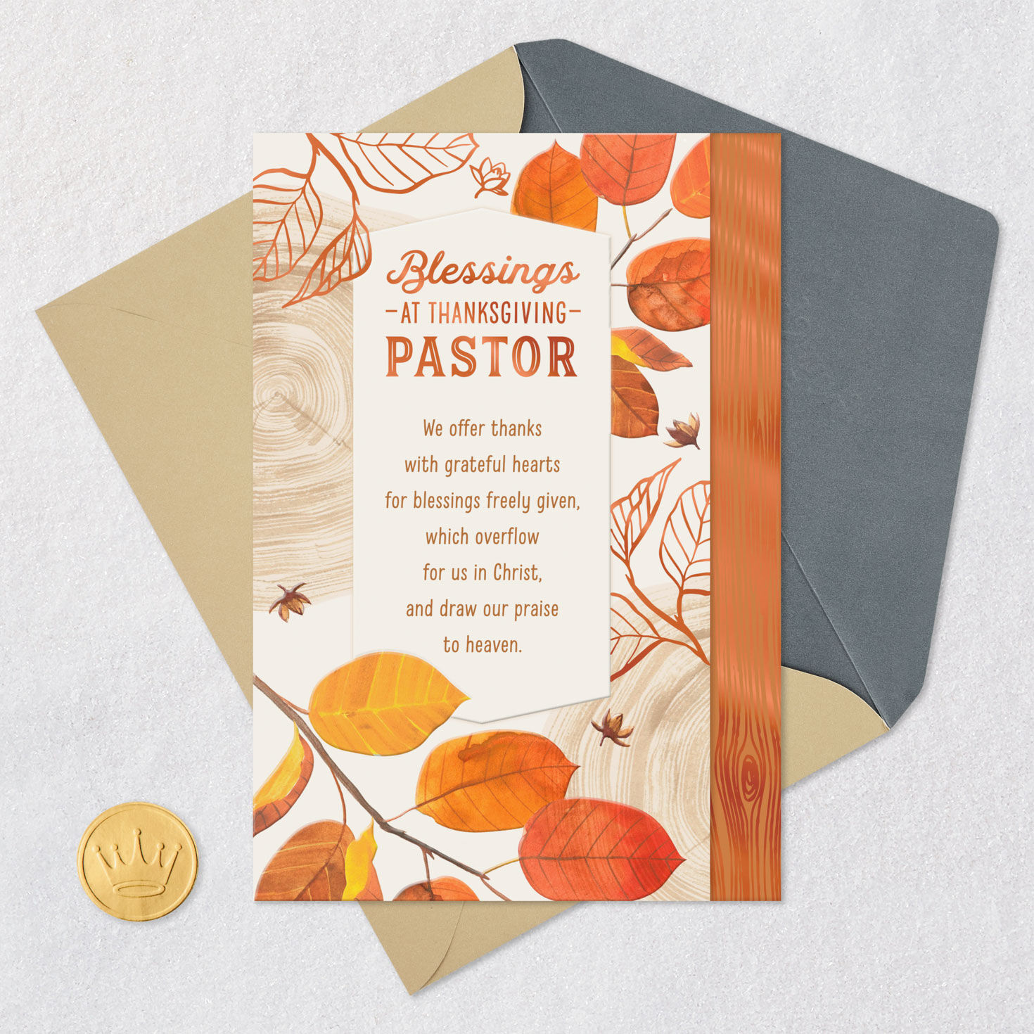 Orange Leaves Religious Thanksgiving Card for Pastor Card Front with Envelope and Gold Seal image number 6