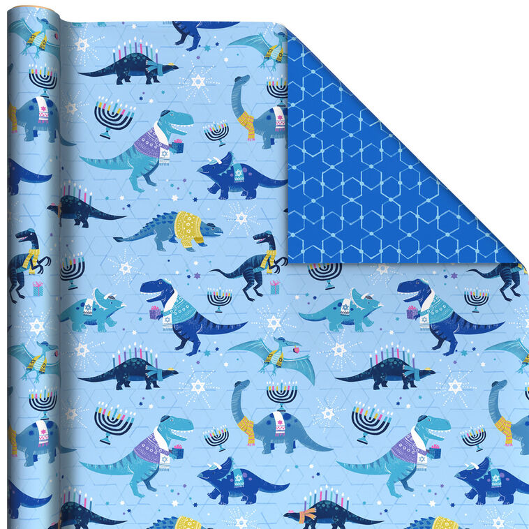 Dinos With Yarmulkes/Star of David Pattern Reversible Wrapping Paper Roll, 30 sq. ft.