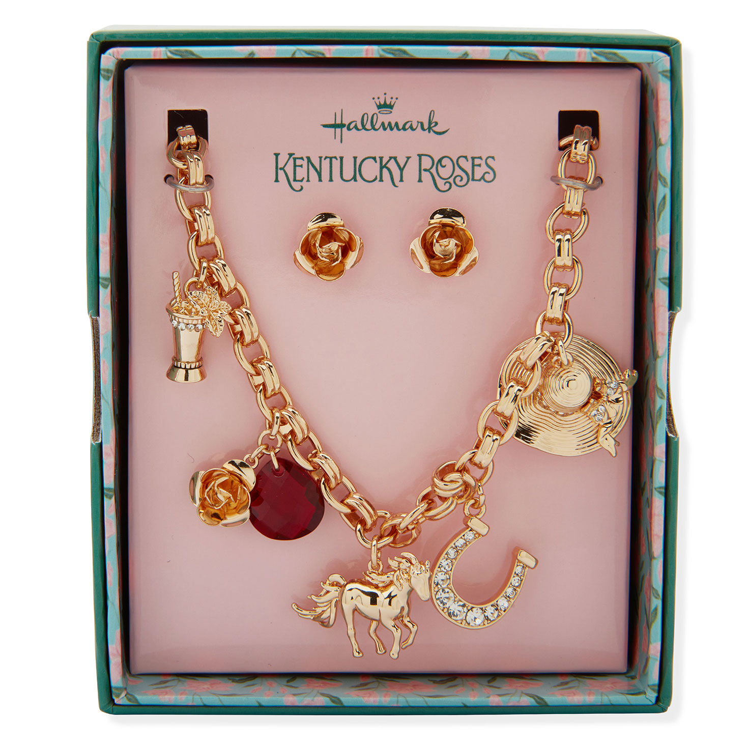 Gold Metal Charm Necklace and Rose Earrings Set open package image number 3