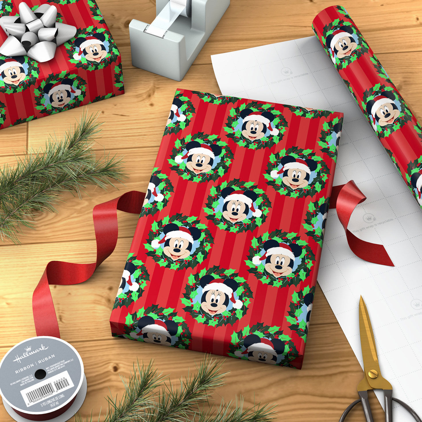 Mickey Mouse in Wreath on Red Holiday Gift Wrap Roll in use image number 3