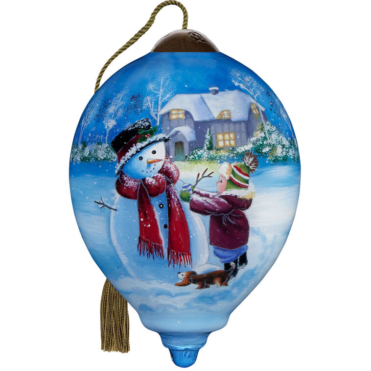 Ne'Qwa Art You Warm My Heart Snowman and Child Glass Christmas Ornament
