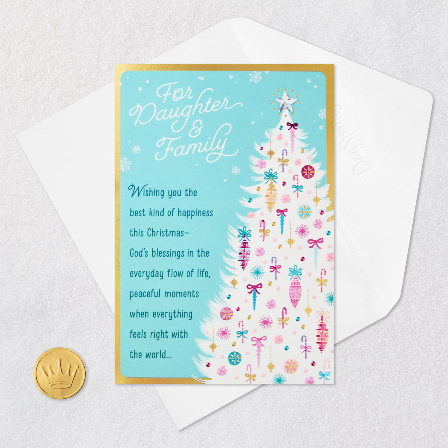 Tree Daughter and Family Religious Christmas Card Card Front with Envelope and Gold Seal image number 6