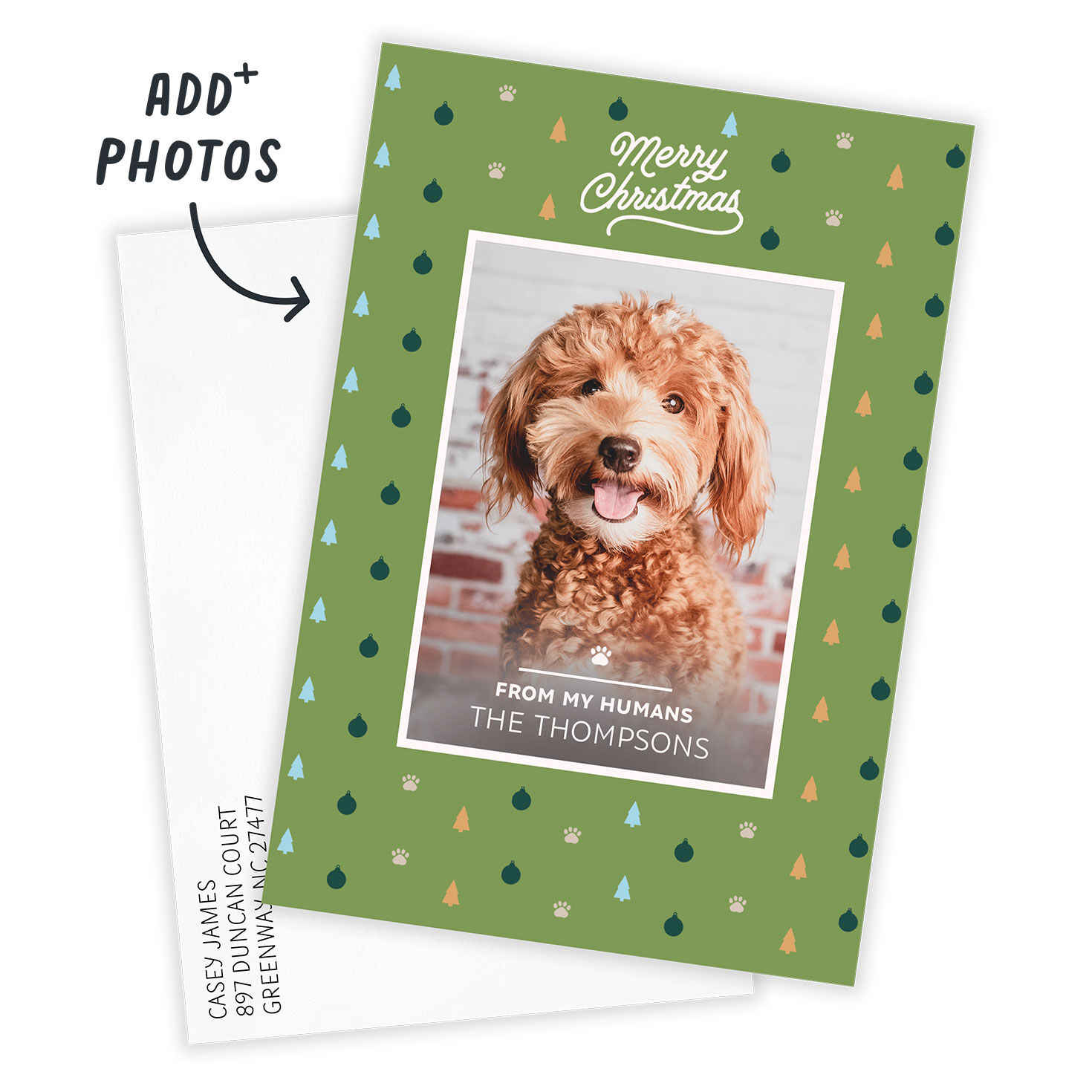 Striped Icons on Green Personalized Christmas Card Card Front indicating personalization image number 2