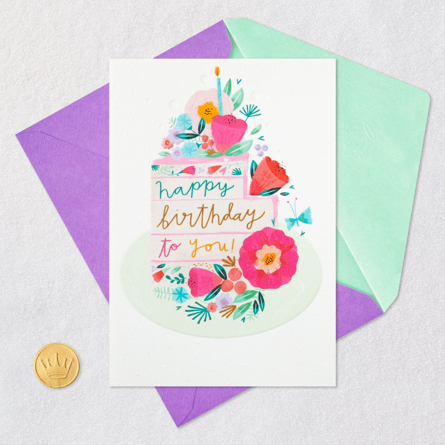 Flowers on Cake Birthday Card Card Front with Envelope and Gold Seal image number 6