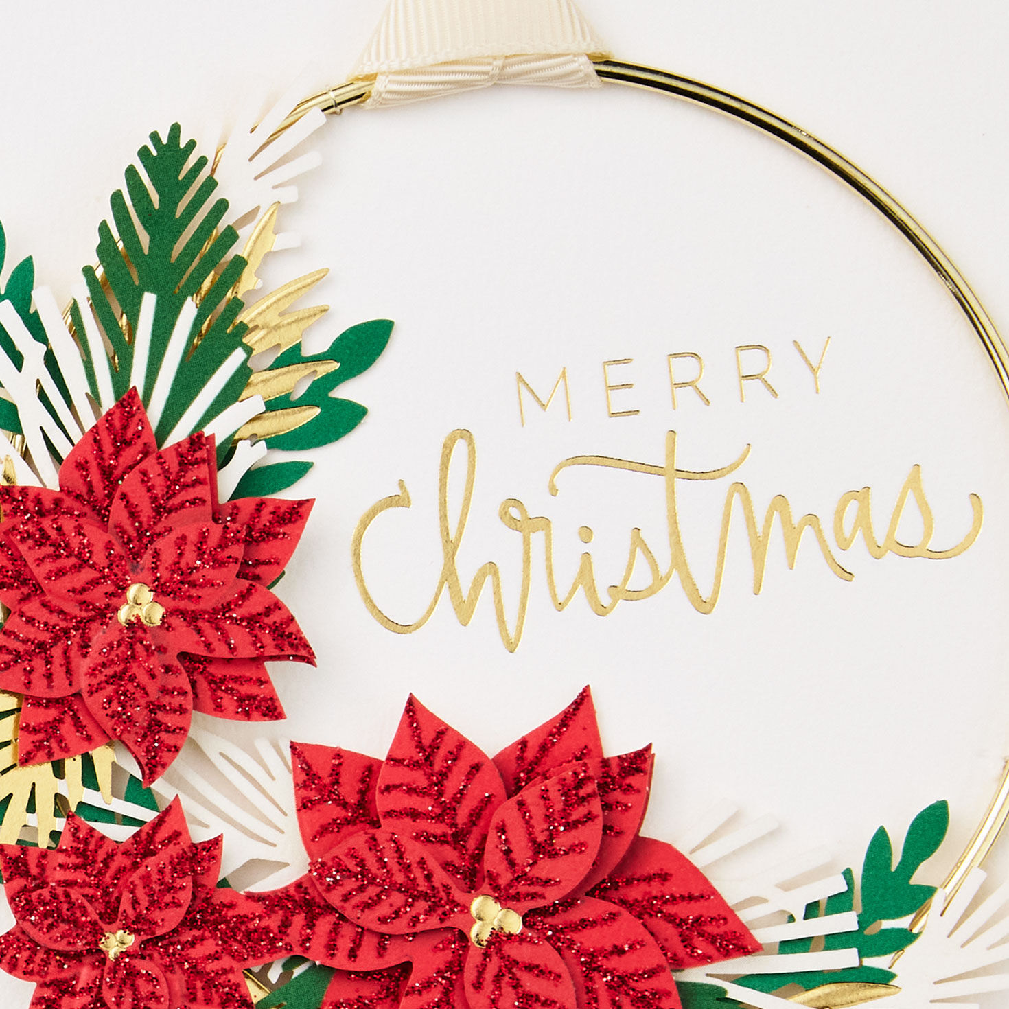 Merry Christmas Poinsettias Christmas Card With Hoop Wreath Card Front Detail image number 4