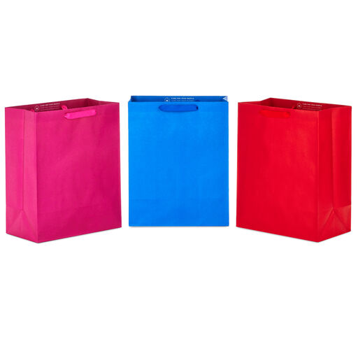 13" Assorted Solid Colors 3-Pack Large Gift Bags, 