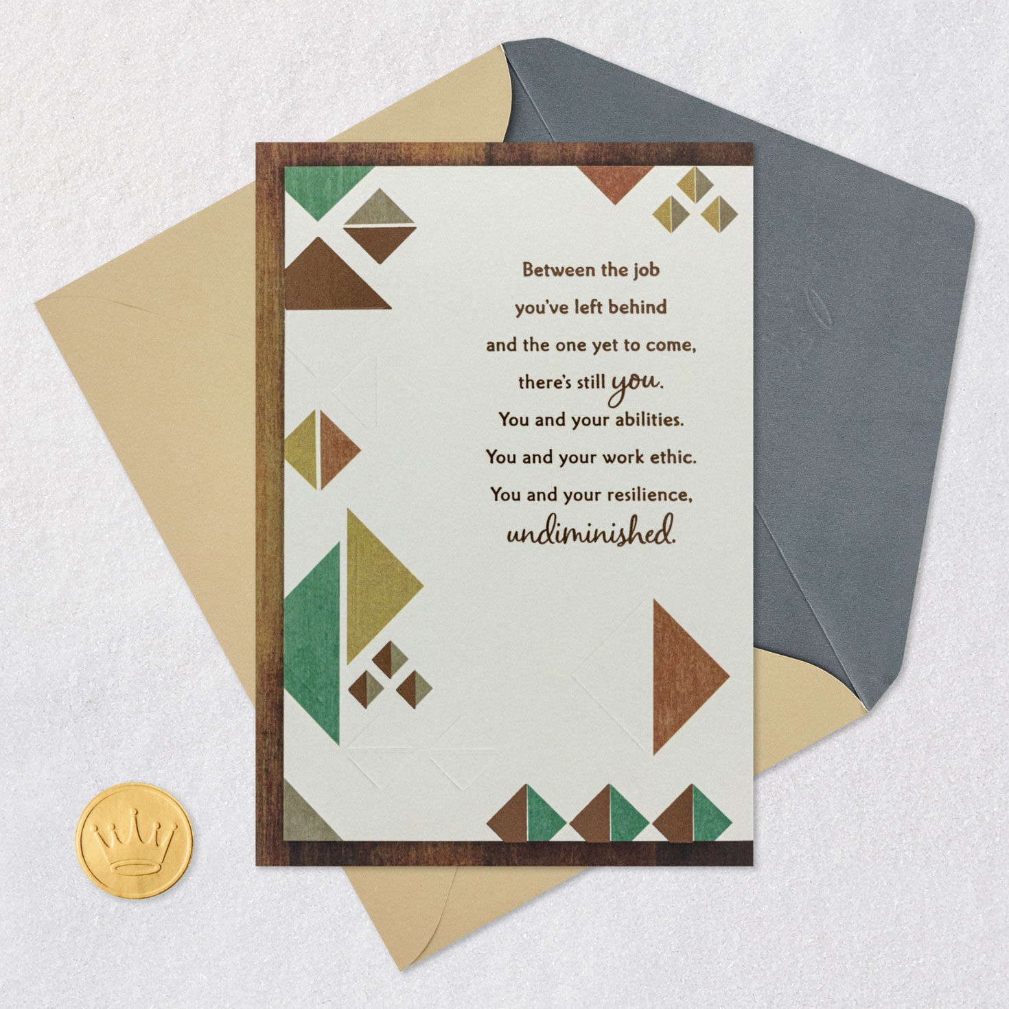 Teal, Yellow and Coral Triangles Job Loss Card Card Front with Envelope and Gold Seal image number 6